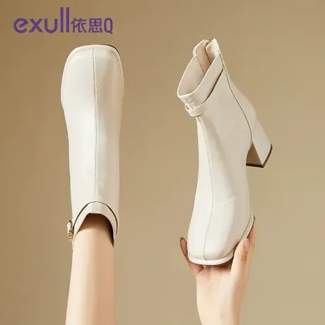 依思Q2023秋冬新款显瘦后拉链粗跟短靴气质高端名媛百搭方头短靴图片