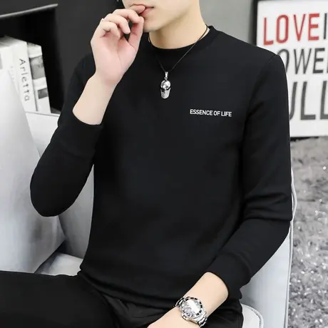 重磅纯棉长袖t恤男秋冬加绒加厚内搭打底衫摇粒绒全棉黑色秋衣服商品大图