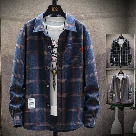 格子衬衫男士长袖春秋季2023新款韩版潮流ins痞帅气休闲衬衣男装商品大图