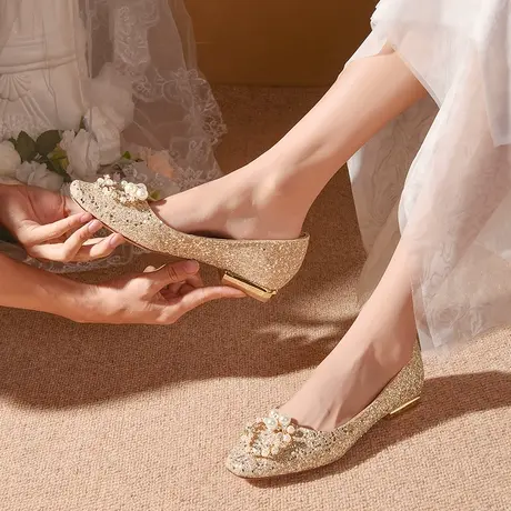 法式结婚鞋子女2023年新款秀禾婚纱两穿方头新娘鞋平底孕妇不累脚商品大图