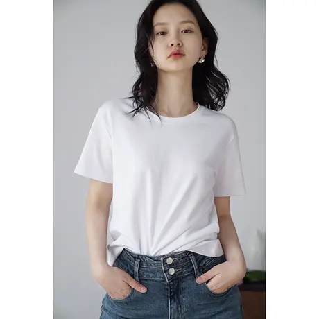 嘉茱莉2023夏季新款匹马棉短袖t恤女白色简约圆领宽松打底衫上衣商品大图