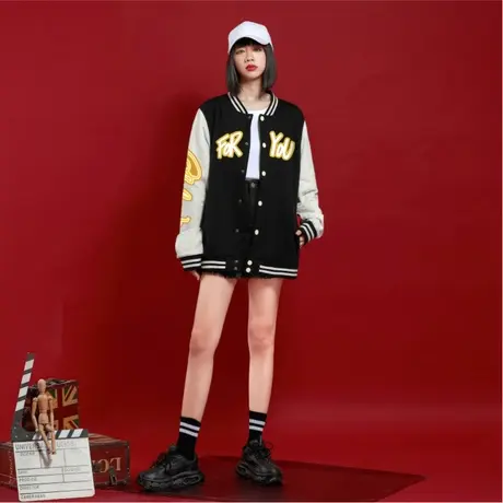 Ohlyah美式原创国潮牌秋冬棒球服女FOR YOU字母印花夹克外套女商品大图