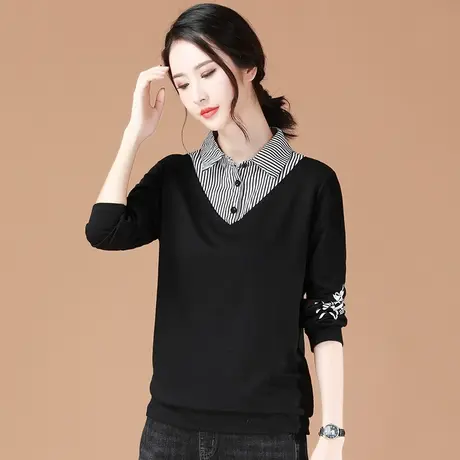 韩潮袭人假两件卫衣女宽松套头2023年秋季新款印花条纹衬衫领衬衣商品大图