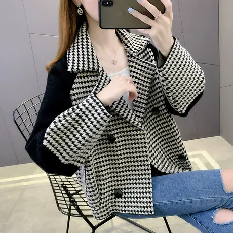 开衫毛呢外套女短款秋季2023年新款千鸟格针织开衫女洋气宽松上衣图片