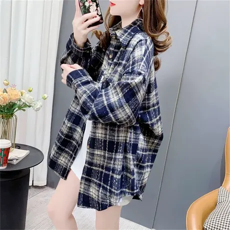 加厚磨毛格子衬衫女春季2023年新款韩版宽松休闲毛呢长袖衬衣外套商品大图