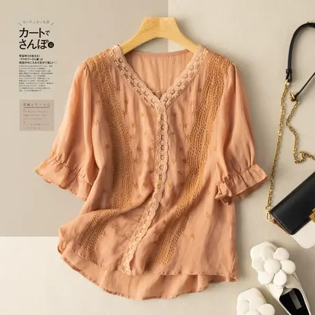 短袖刺绣花边苎麻上衣文艺复古棉麻T恤花瓣袖夏季新款设计感小众图片