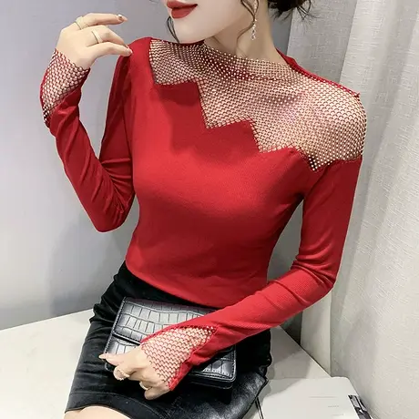 性感镂空T恤设计感小众洋气上衣紧身内搭加绒打底衫女长袖秋冬潮图片