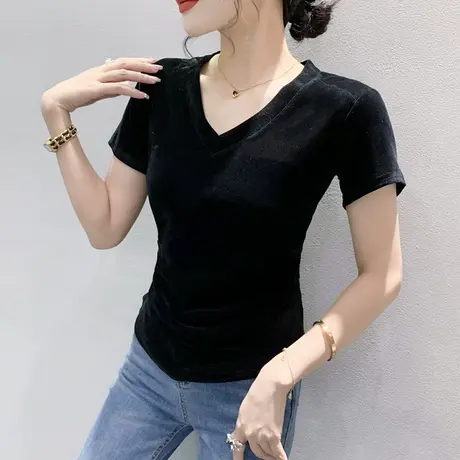 气质丝绒短袖上衣女2023夏季新款性感V领修身T恤时尚褶皱收腰小衫商品大图