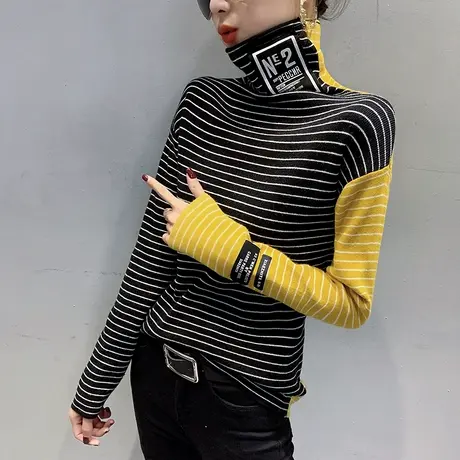 高领毛衣女加绒加厚秋冬宽松外穿条纹针织衫洋气修身内搭打底上衣图片