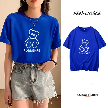 克莱因蓝短袖t恤女夏装2023年新款宽松大码小熊半袖纯棉上衣服潮商品大图
