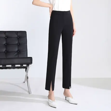 时尚黑色开叉微喇叭裤女2022春夏新款显瘦哈伦裤九分裤休闲直筒裤图片