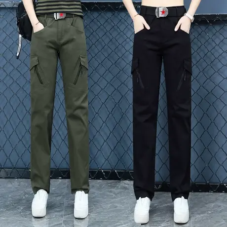 军绿色工装裤女春秋高腰显瘦时尚帅气百搭休闲运动裤宽松束脚裤商品大图