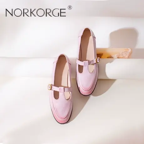 原创新款手工甜美蜜桃粉镂空JK单鞋女鞋真皮圆头粗跟小皮鞋配裙子商品大图