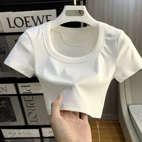 法式夏装白色修身u领露脐短袖T恤女2023新款短款高腰ins百搭上衣商品大图