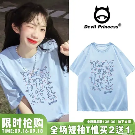 甜系少女学院风宽松韩版天蓝色短袖女t恤2023年夏季新款ins潮半袖商品大图
