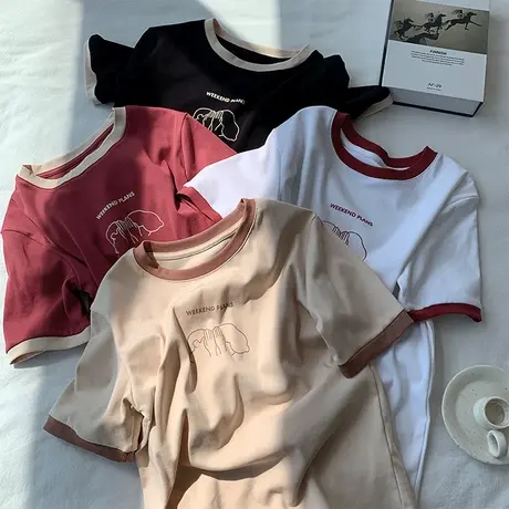 ins超火撞色拼接短袖t恤女夏潮韩版学生宽松半袖学院风设计感上衣商品大图