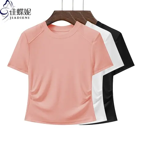 夏季新款圆领修身褶皱短款纯欲显瘦纯棉纯色短袖体恤上衣女打底衫图片