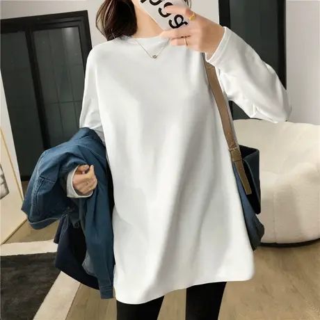 德绒大码白色打底衫宽松慵懒风中长款长袖保暖洋气叠穿T恤chic潮图片