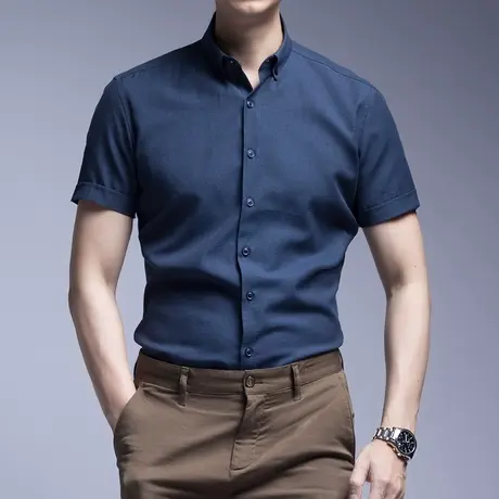 seno抗皱牛津纺衬衫男短袖修身免烫夏季纯色韩版帅气商务休闲衬衣商品大图