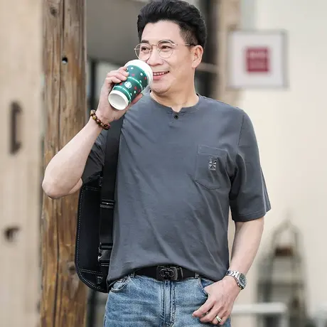 100%纯棉爸爸短袖t恤夏装中年男士半袖夏季圆领中老年人大码汗衫商品大图