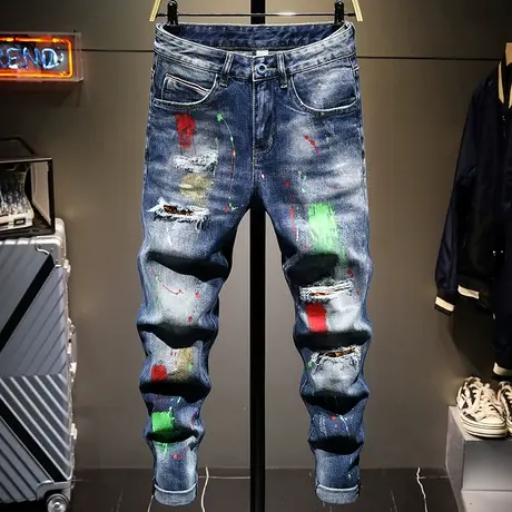 春夏新款潮牌破洞牛仔裤男油漆修身小脚百搭乞丐裤子男生高档男装商品大图
