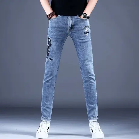 欧洲站刺绣牛仔裤男款修身小脚2023新款秋款弹力百搭裤子休闲高端商品大图