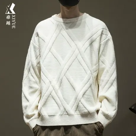 800g重磅北极绒毛衣男菱形格潮流秋冬宽松大码慵懒风浅色针织衫潮商品大图