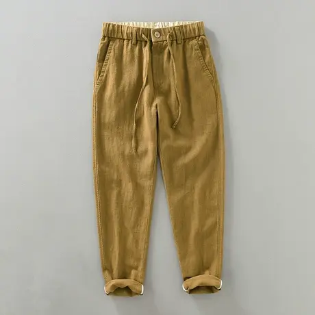 日系复古苎麻休闲裤男夏季新款纯色透气棉麻直筒亚麻裤松紧腰抽绳商品大图