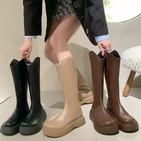 靴子女长筒靴2023年秋冬新款厚底骑士靴小个子长靴加绒复古瘦瘦靴商品大图