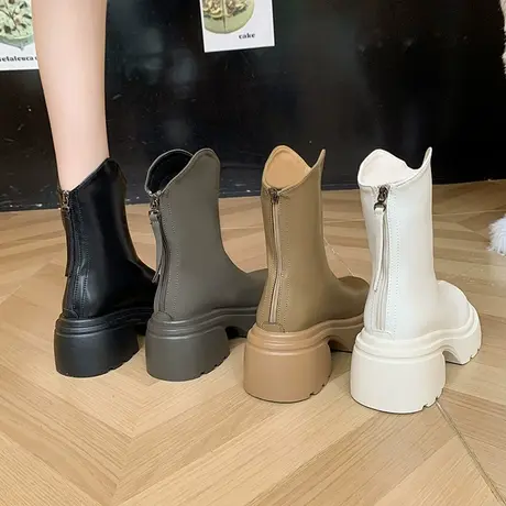 厚底松糕马丁靴女2023年春季新款复古厚底V口小个子瘦瘦靴短靴子图片
