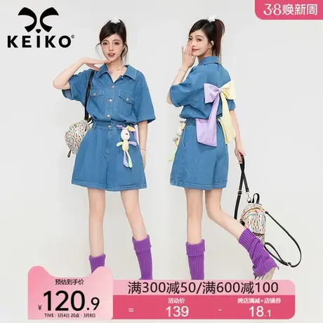 KEIKO 牛仔连衣短裤女夏日多巴胺穿搭设计感高腰显瘦连身连体裤子商品大图