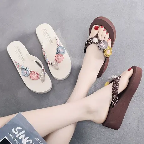 网红百搭凉拖鞋女夏季时尚厚底外穿人字拖海边防滑度假花朵沙滩鞋商品大图
