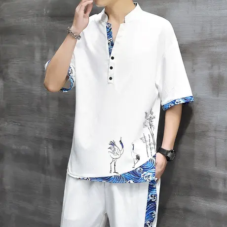 2024夏季新款男士冰丝短袖T恤套装休闲中国风唐装宽松一套汉服潮图片