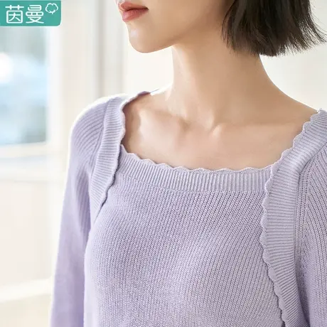 茵曼旗舰店2023女春新款方领泡泡袖宽松显瘦紫色短款长袖针织衫图片