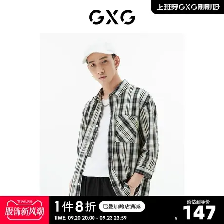 GXG奥莱 22年男装 翻领七分袖格子衬衫胸前口袋下摆绣花夏季新品商品大图