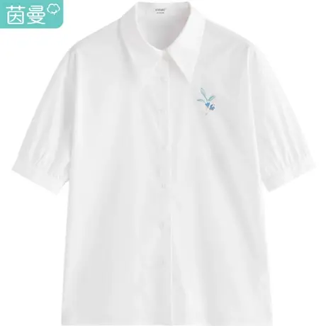 【商场同款】茵曼印花衬衫女2023夏季新款字母刺绣纯棉泡泡袖衬衣商品大图