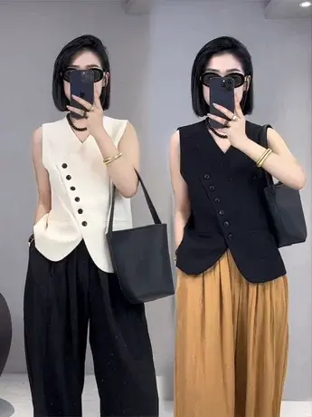 欧货V领修身马甲女2023春秋新款时尚设计感百搭背心显瘦马夹外搭图片