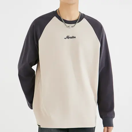 男士撞色插肩袖t恤男长袖纯棉2023年新款秋季宽松圆领上衣打底衫商品大图