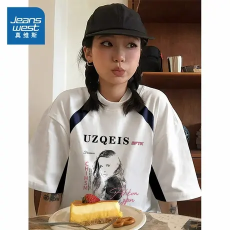 G2真維斯女裝2025年夏新款纯棉圆领宽松插肩撞色拼接短袖T恤商品大图