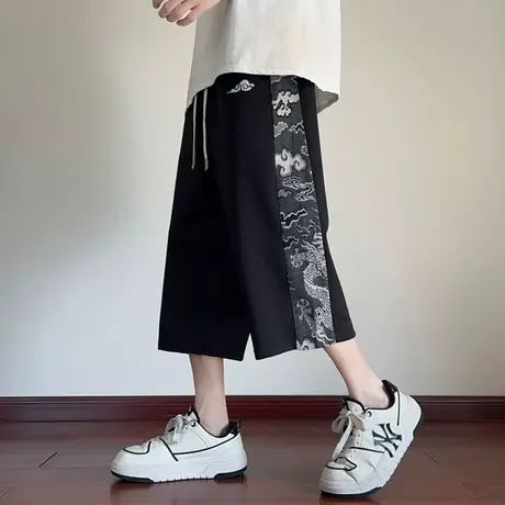 七分裤男夏季新款潮牌拼接国潮短裤青少年新中式休闲运动八分裤子商品大图