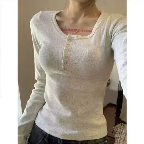 螺纹T恤长袖女2023初秋新款修身显瘦洋气减龄内搭打底衫上衣ins潮商品大图
