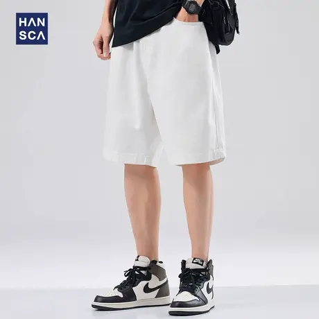 hansca白色纯棉牛仔短裤男夏季薄款透气潮牌青少年宽松5五分中裤商品大图