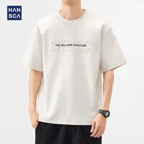 hansca 220g薄款字母立体钢印圆领短袖T恤男2025夏季简约百搭上衣商品大图