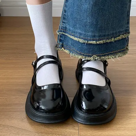 圆头黑色百搭厚底小皮鞋女2023新款夏季百搭复古黑色法式玛丽珍鞋商品大图