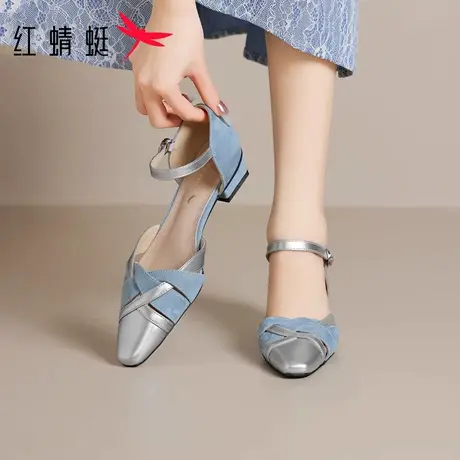 红蜻蜓包头不累脚凉单鞋女士2025新款配裙子粗跟中空凉鞋软底夏季图片