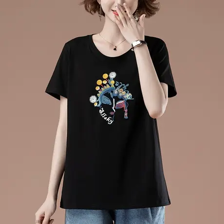 短袖t恤女夏季加肥加大码女装宽松纯棉百搭休闲文艺刺绣显瘦体恤商品大图