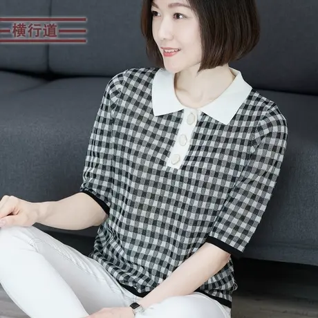 2023秋季减龄格子中年妈妈中袖针织衫洋气翻领上衣五分袖大码女装商品大图