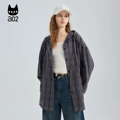a02休闲宽松连帽衬衫女2025新款秋季格子衬衣外套设计感秋装上衣商品大图