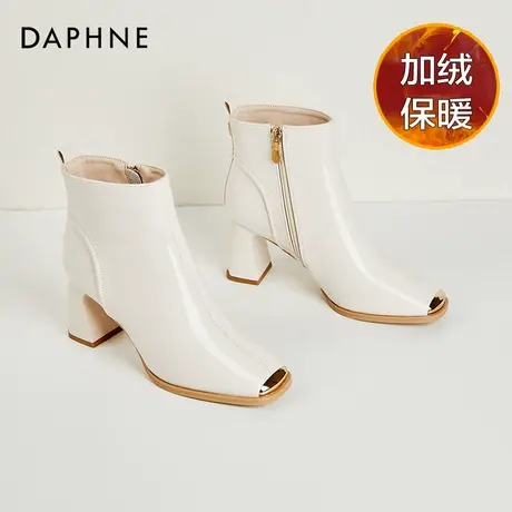 达芙妮亮皮粗跟马丁靴女秋冬新款短靴方头气质高跟鞋加绒瘦瘦靴子商品大图