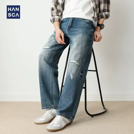 hansca破洞牛仔裤男直筒宽松阔腿2025新款秋季潮酷帅气青少年长裤商品大图